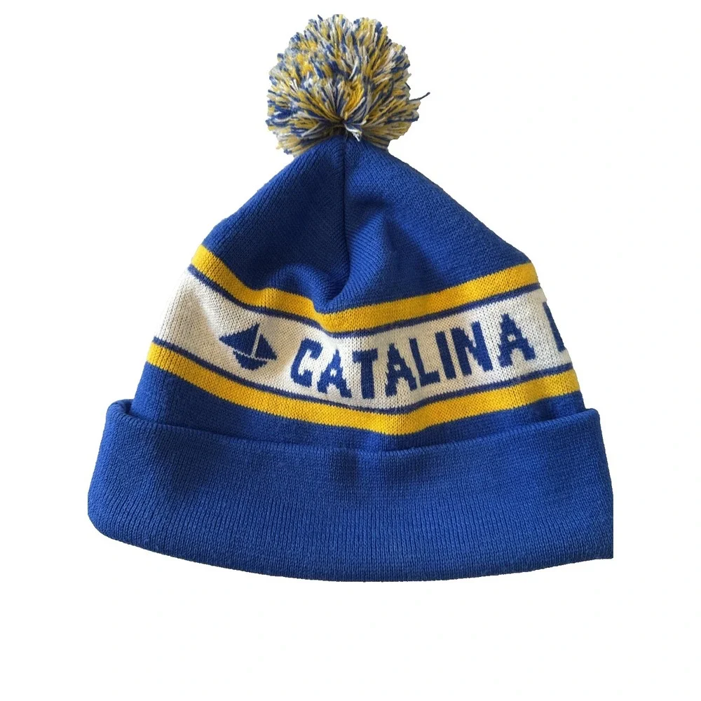 Catalina Island Camps Knit Pom Beanie Hat Retro Gorpcore Skater Blue Yellow